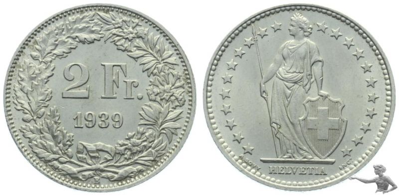 2 Franken 1939 B in wunderbarer Qualität !!!